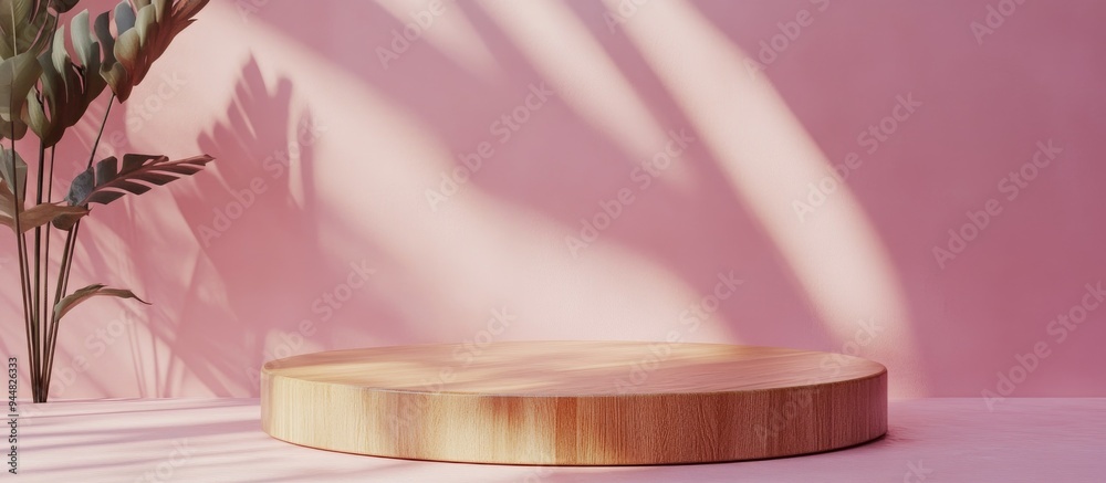3D rendering of a minimalist wooden podium against a soft pink wall backdrop