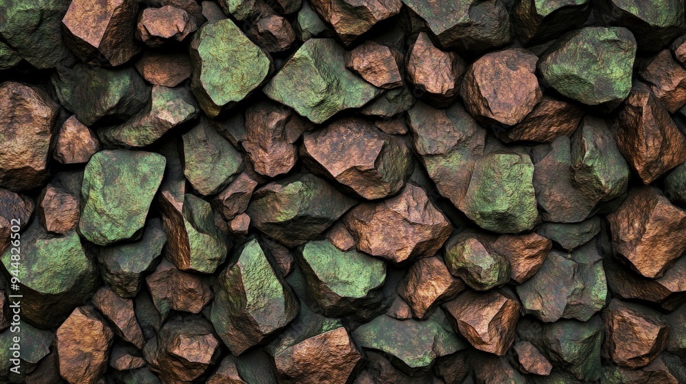 Raw copper ore, bright green and metallic, against dark stone, high contrast Raw copper ore, bright green and metallic, against dark stone, high contrast