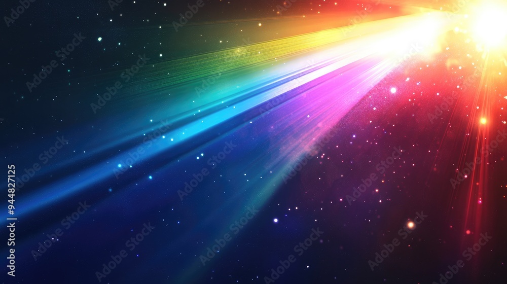 Colorful rays of light resembling stars on a dark background creating an abstract rainbow effect with a lens flare