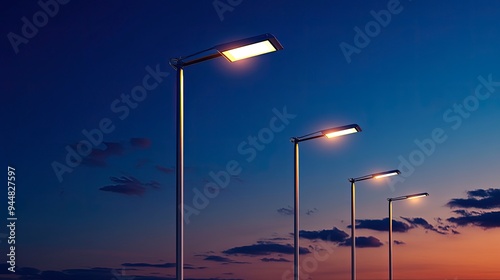 Solar-powered streetlights, modern design, urban setting, dusk light