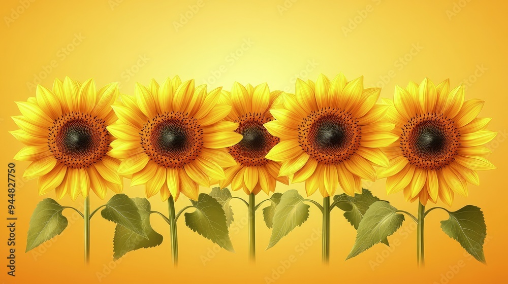Obraz premium Sunflowers in full bloom, vibrant yellow, facing the sun, warm summer light