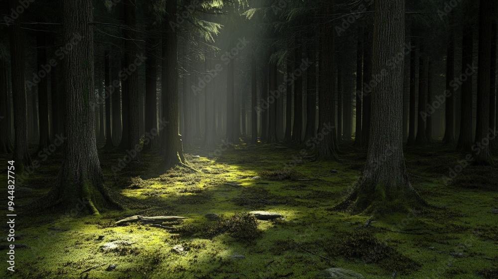 Obraz premium Sunlight filtering through a dense forest, highlighting mossy ground