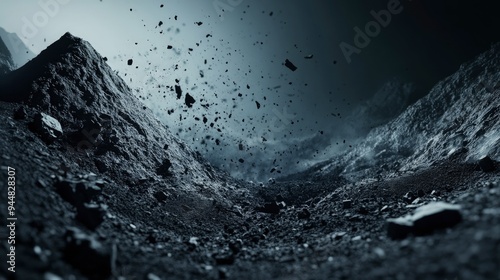 Volcanic ash storm, particles swirling in the air, covering everything, under dark skies