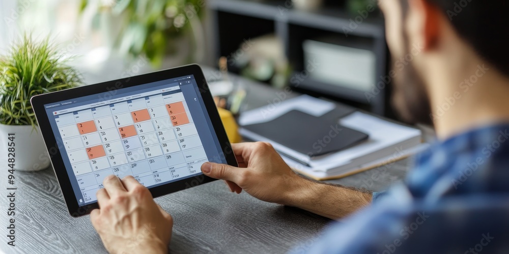 Entrepreneur using a digital calendar on a tablet scheduling tasks efficiently in a modern home office Entrepreneur using a digital calendar on a tablet scheduling tasks efficiently in a modern home office