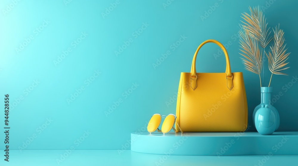 Yellow Handbag Sunglasses and Palm Leaves on Blue Platform Yellow Handbag Sunglasses and Palm Leaves on Blue Platform