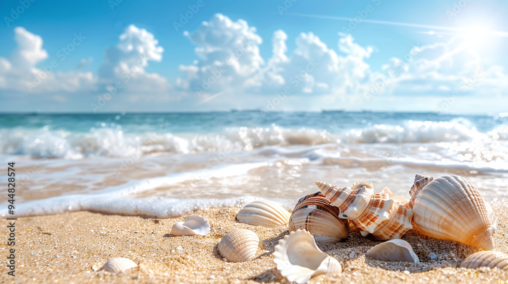Sea Shells on a Sandy Beach During a Bright Sunny Day - Coastal Beauty and Summer Vibes Sea Shells on a Sandy Beach During a Bright Sunny Day - Coastal Beauty and Summer Vibes
