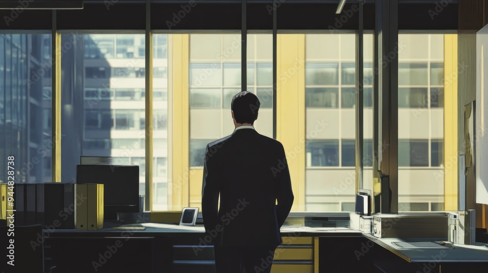 Man in Suit Looking Out Window in Office Man in Suit Looking Out Window in Office