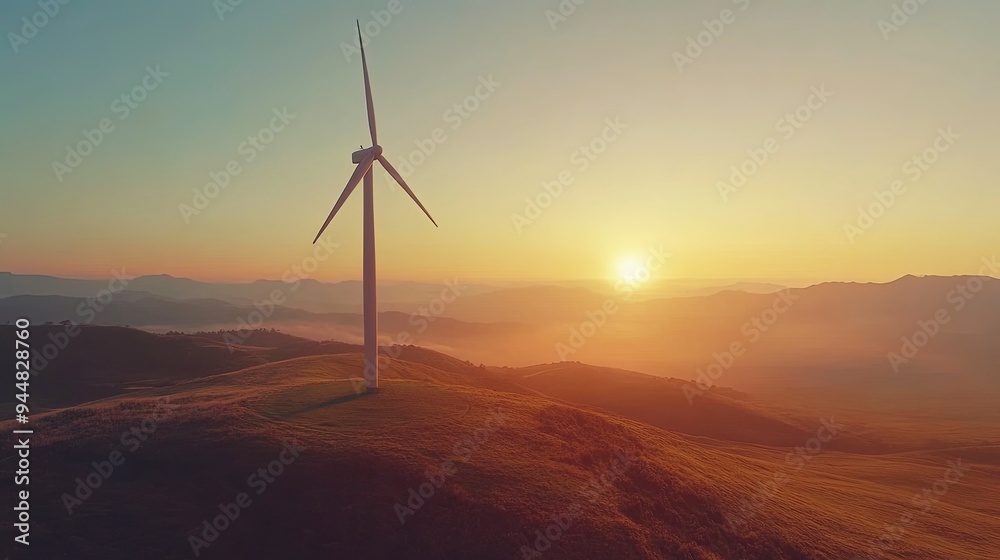 Fototapeta premium Wind turbine at dawn, blades turning, misty landscape, soft light