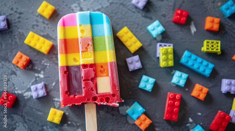 Obraz premium Rainbow-Colored Building Block Popsicle: Creative and Fun Summer Treat