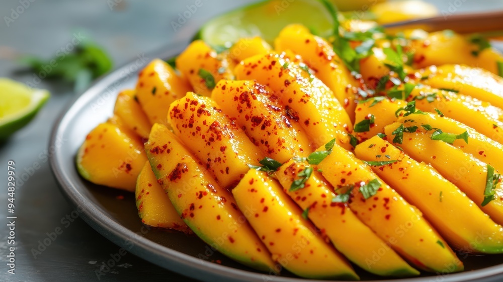 Freshly sliced mango with lime and seasoning, offering a vibrant and flavorful presentation perfect for summer dishes. Freshly sliced mango with lime and seasoning, offering a vibrant and flavorful presentation perfect for summer dishes.