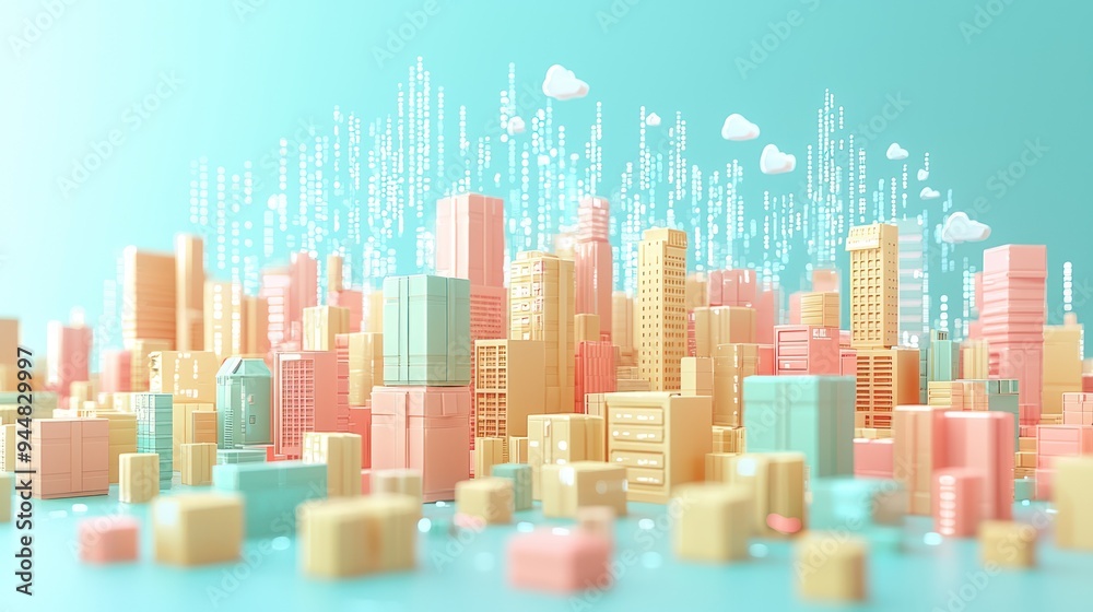 Digitally Transformed Metropolis: Urban Skyline of Stacked Shipping Boxes Amid Binary Code Clouds Signifying E-Commerce Evolution, Generative Ai Digitally Transformed Metropolis: Urban Skyline of Stacked Shipping Boxes Amid Binary Code Clouds Signifying E-Commerce Evolution, Generative Ai