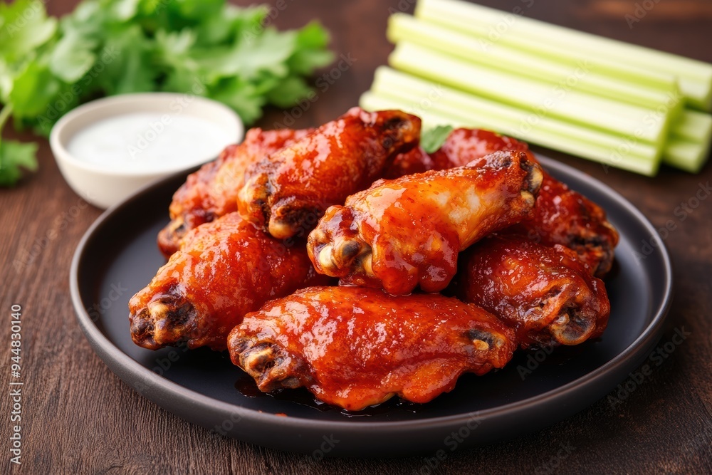 Plate of spicy chicken wing with celery sticks and creamy dip, perfect for parties and game day gatherings. Plate of spicy chicken wing with celery sticks and creamy dip, perfect for parties and game day gatherings.