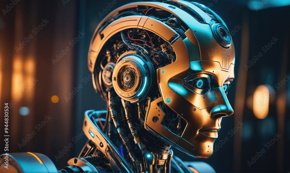 A robotic head with glowing blue eyes stares into the distance, its metallic exterior reflecting the surrounding light A robotic head with glowing blue eyes stares into the distance, its metallic exterior reflecting the surrounding light