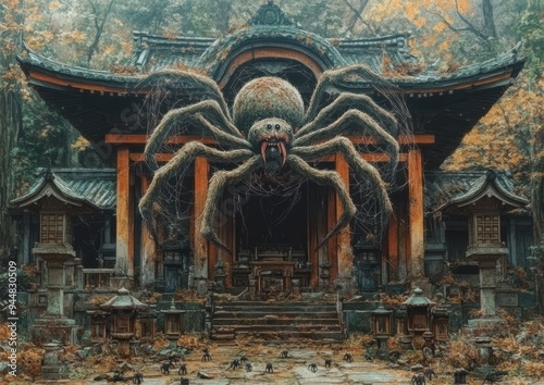 Ancient Temple with Gigantic Spider Sculpture Surrounded by Forest in Autumn, Emanating Mystery and Architectural Marvel photo