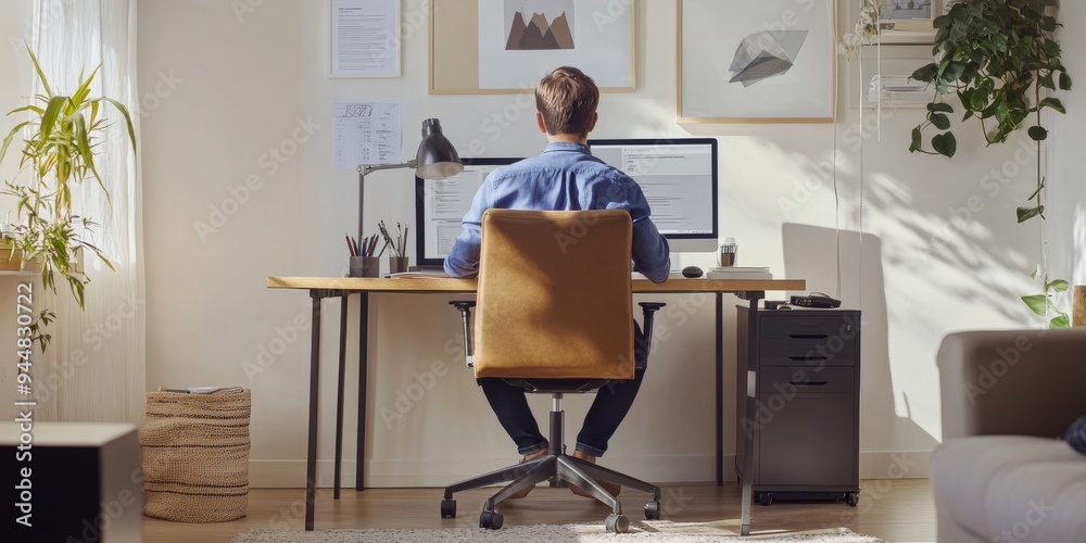 Professional using an ergonomic chair in a minimalist home office preventing back pain and encouraging healthy work habits Professional using an ergonomic chair in a minimalist home office preventing back pain and encouraging healthy work habits