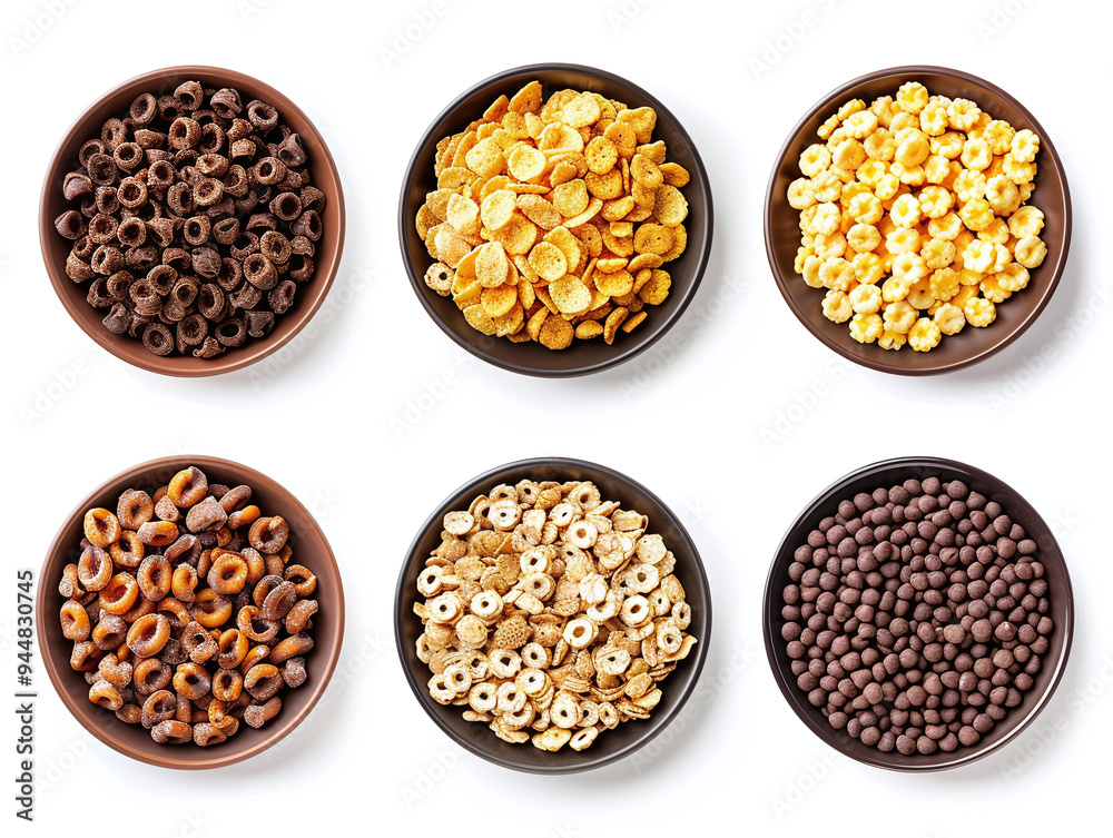 Set of Different Breakfast Cereals in Bowls Isolated on White Background - Variety of Healthy Morning Meals Set of Different Breakfast Cereals in Bowls Isolated on White Background - Variety of Healthy Morning Meals