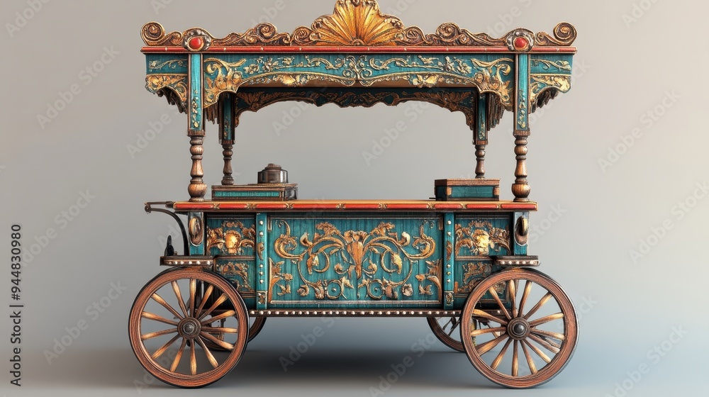 Antique Ornate Wooden Cart with Wheels and Canopy Antique Ornate Wooden Cart with Wheels and Canopy