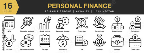 Personal Finance icon set. Editable Stroke Icon Collection. Includes insurance, prioritization, receipt, savings, spending, tax, and More. Outline icons vector collection.