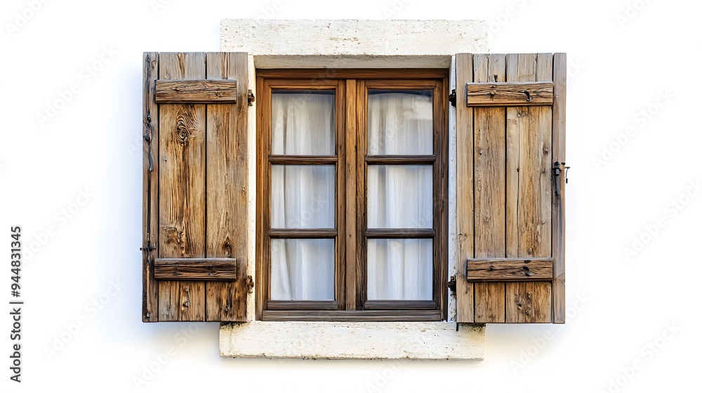 27. **A charming wooden window with shutters, isolated on a pristine white background. 27. **A charming wooden window with shutters, isolated on a pristine white background.