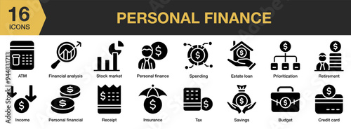 Personal Finance solid icon set. Includes ATM, budget, credit card, estate loan, income, and More. Solid icons vector collection.