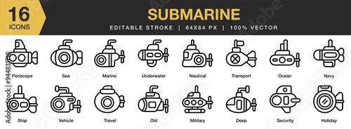 Submarine icon set. Editable Stroke Icon Collection. Includes navy, ocean, periscope, ship, underwater, vehicle, and More. Outline icons vector collection.