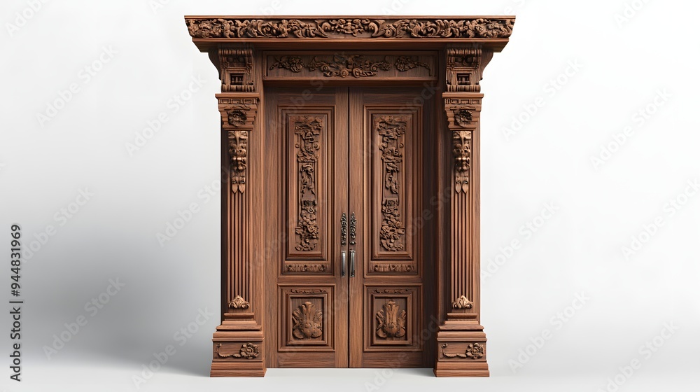 Fototapeta premium 2. **A traditional wooden door with detailed carvings, rendered on a pristine white background.