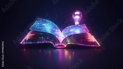 3D Holographic Open Book Icon with Pages Transforming into a Video Play Button and a Lightbulb, Featuring a Shimmering Rainbow Effect in Isometric Style. Perfect for Representing Innovation and Multim photo