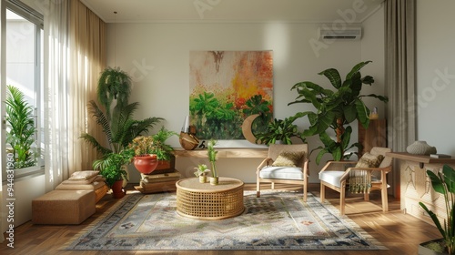 Wallpaper Mural Contemporary Chic: Stylish Living Room with Design Furniture and Bamboo Bookstand Torontodigital.ca
