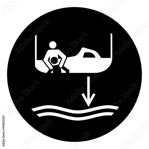 ISO mandatory safety signs_lower rescue boat to the water in launch sequence_symbol and pictogram only_black and white edition	
