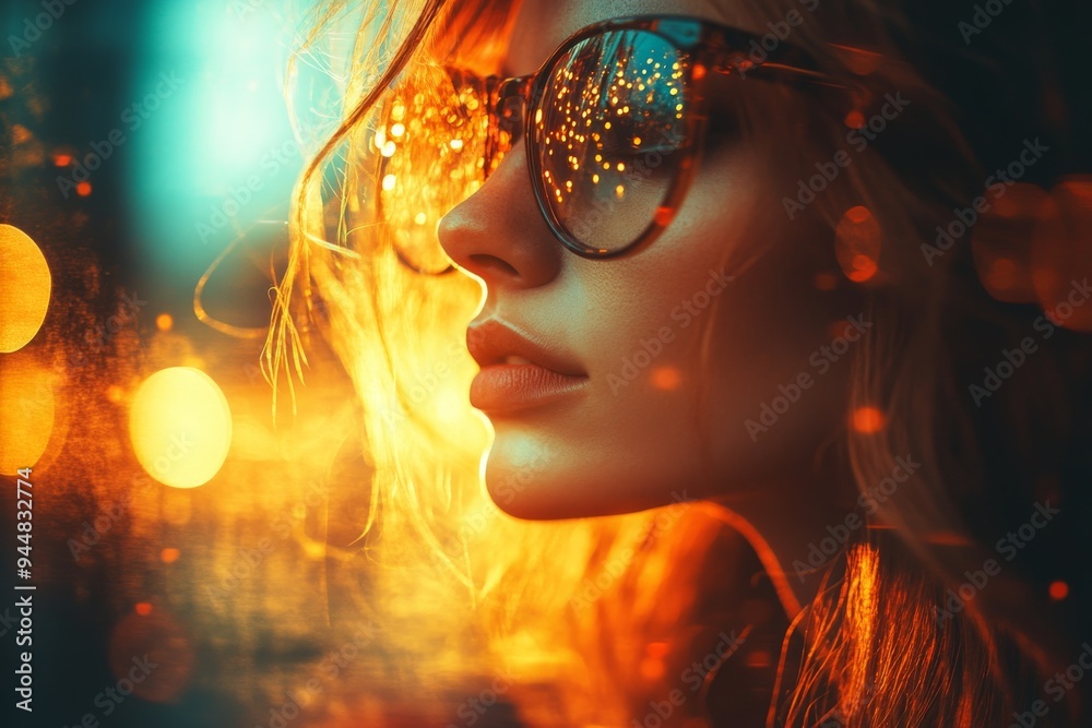 Vibrant image of a woman wearing reflective sunglasses with puzzle piece patterns symbolizing the complexity of thoughts and the layers of identity in modern society Vibrant image of a woman wearing reflective sunglasses with puzzle piece patterns symbolizing the complexity of thoughts and the layers of identity in modern society