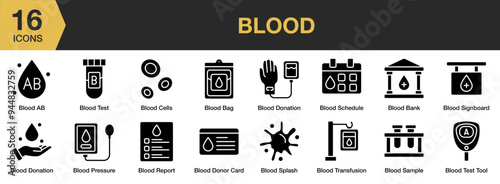 Blood solid icon set. Includes bag blood, cells, donation, donor, and More. Solid icons vector collection.