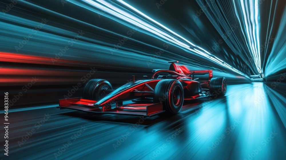 Red Race Car Speeds Through Neon Tunnel Red Race Car Speeds Through Neon Tunnel