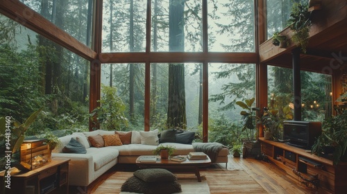 Cozy Living Room with Large Windows Overlooking a Lush Forest