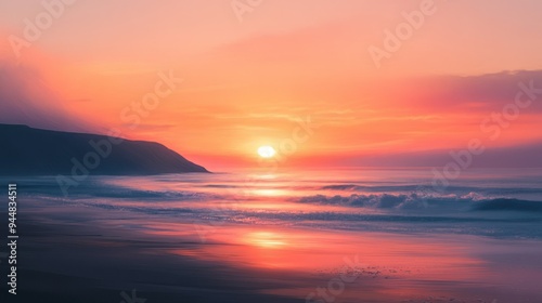 Coastal Sunset with a Silhouetted Cliff and Waves