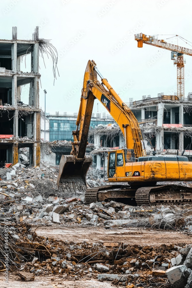 An excavator clearing rubble with cranes in the background. The site is full of activity An excavator clearing rubble with cranes in the background. The site is full of activity