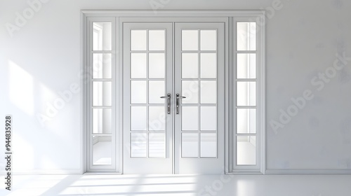 11. **A chic French door with glass panels and elegant hinges, rendered on a pristine white background.