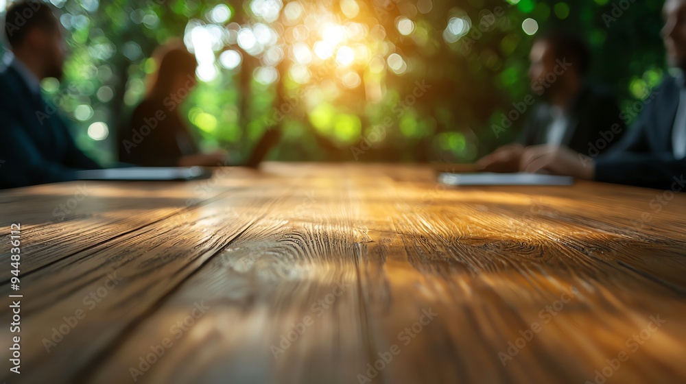 A close-up view of a wooden table in a serene outdoor meeting setting with soft sunlight shining through the trees. A close-up view of a wooden table in a serene outdoor meeting setting with soft sunlight shining through the trees.