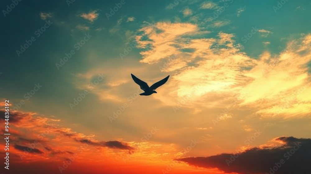 A Single Bird Silhouetted Against a Dramatic Sunset Sky A Single Bird Silhouetted Against a Dramatic Sunset Sky