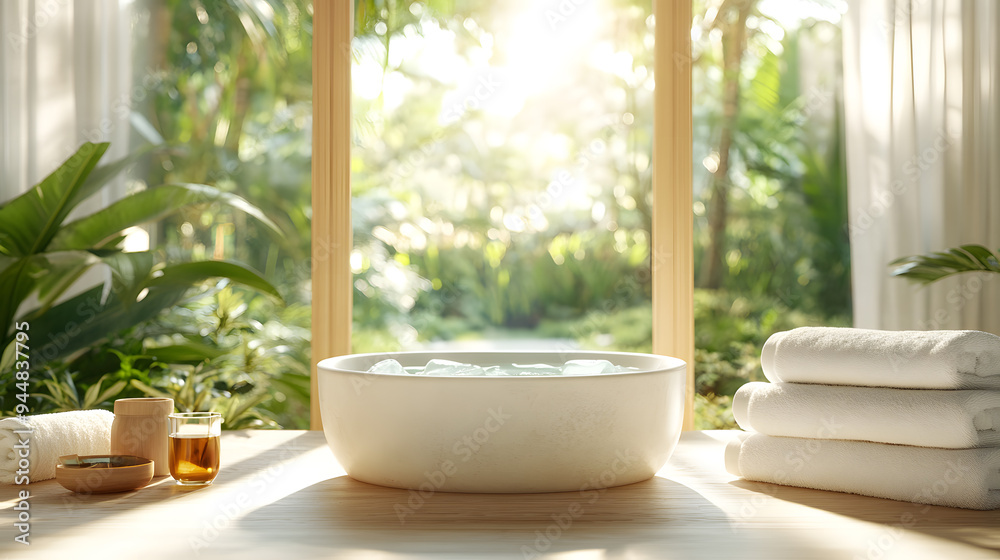 A luxurious spa scene with an ice bath in the center A luxurious spa scene with an ice bath in the center