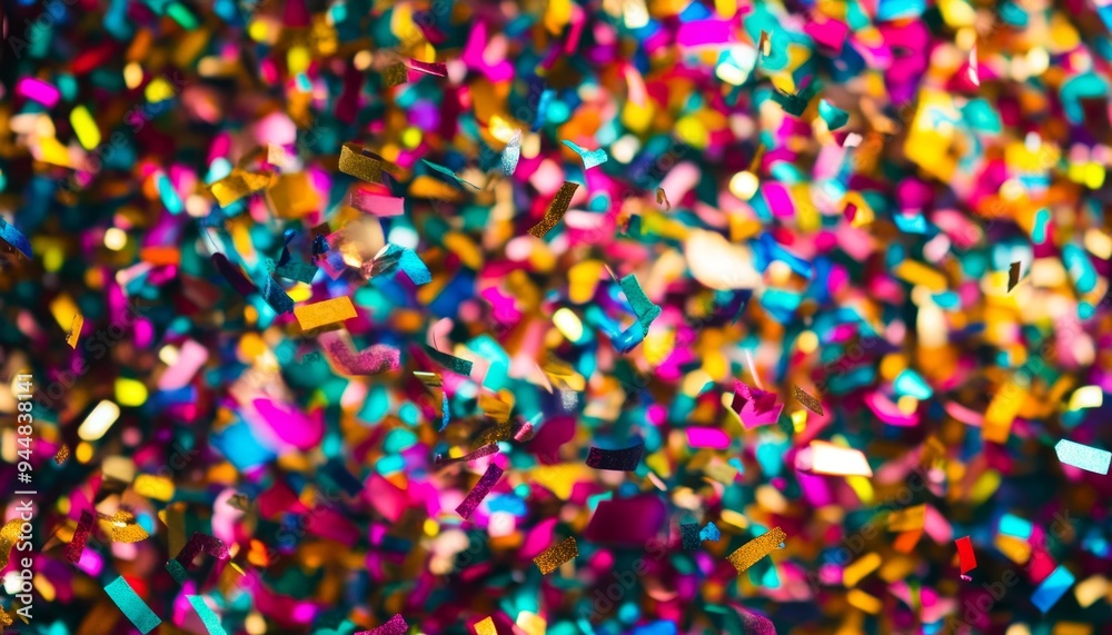 Naklejka premium Festive Explosion: Vibrant Party Poppers and Colorful Streamers Creating Joyous Celebration Atmosphere. Abstract Design for Birthday, National Day, Christmas, and New Year Events. Minimalist 2025