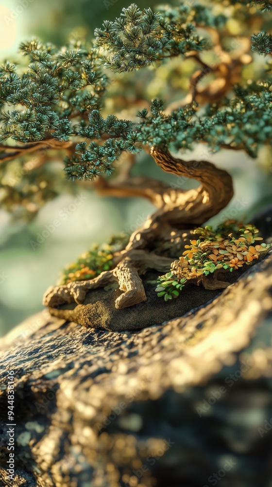 A beautifully detailed bonsai tree with intricate branches and vibrant foliage, set on a rocky surface. The scene captures the essence of nature with soft lighting. A beautifully detailed bonsai tree with intricate branches and vibrant foliage, set on a rocky surface. The scene captures the essence of nature with soft lighting.
