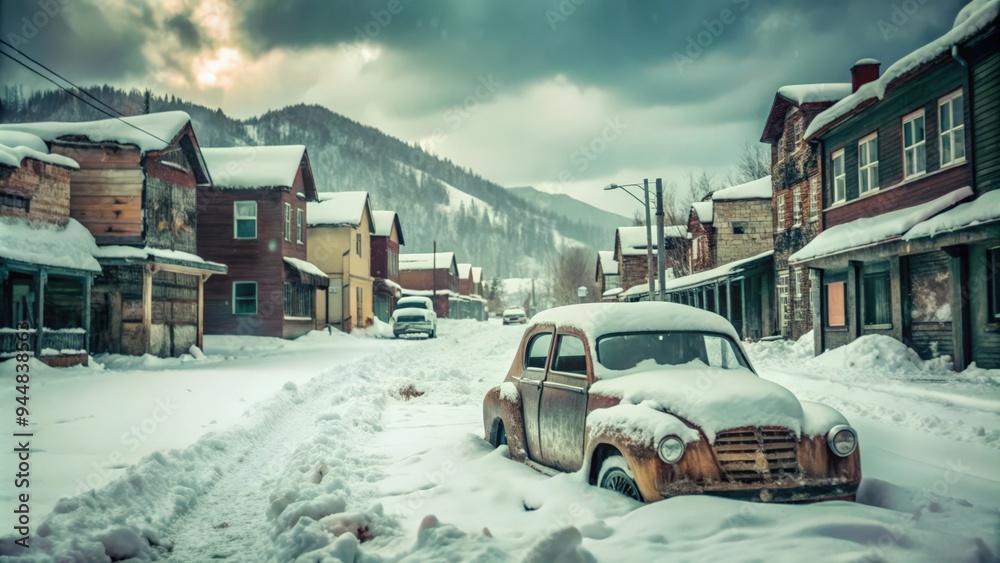 Fototapeta premium Rusty Car Partially Submerged in Snow on a Snowy Street in a Small Town