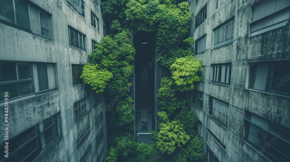 Concrete Buildings with Lush Greenery in Between