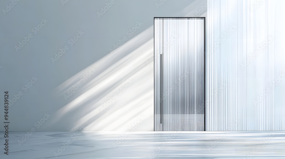 Obraz premium 63. **A modern glass door with an etched vertical pattern, displayed on a pristine white background.