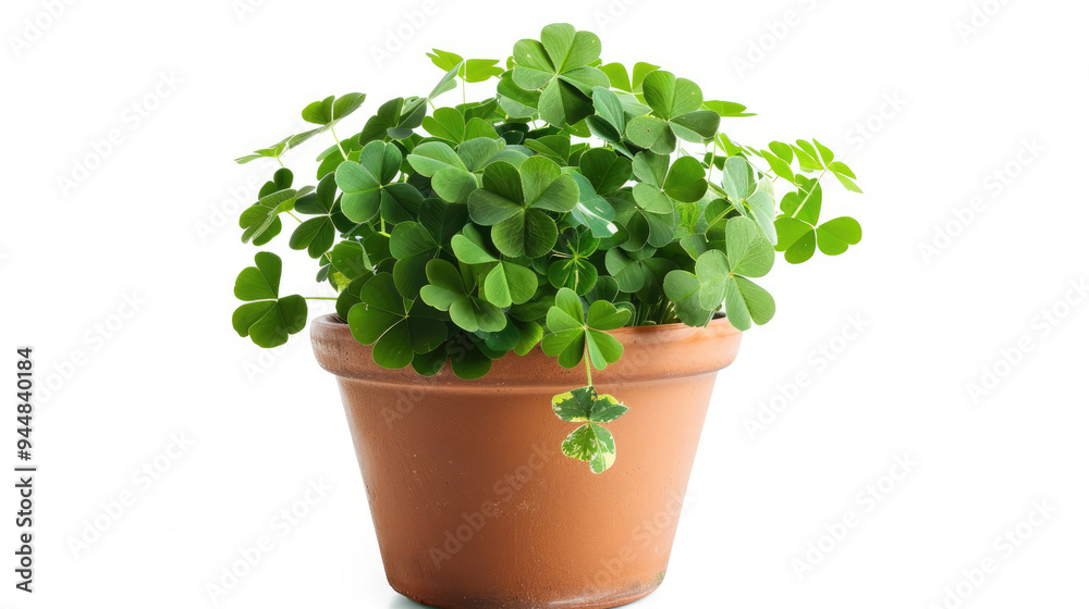 A pot full of four leaf clovers isolated white background
A pot full of four leaf clovers isolated white background