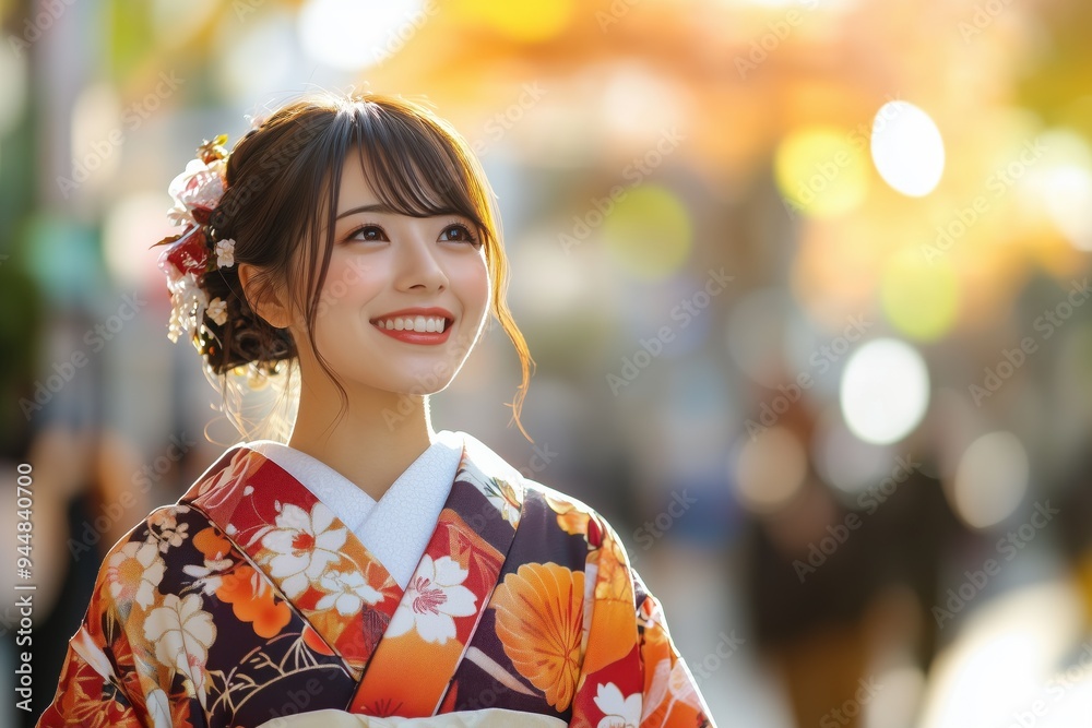 Beautiful Japanese girl wearing yukata dress standing in the street Beautiful Japanese girl wearing yukata dress standing in the street