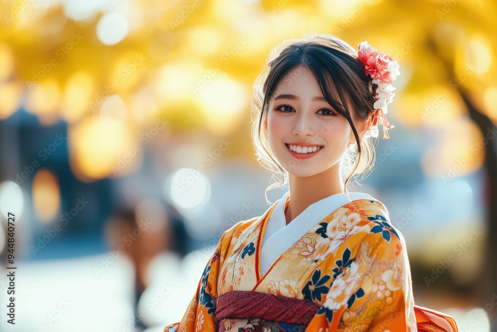 Beautiful Japanese girl wearing yukata dress standing in the street Beautiful Japanese girl wearing yukata dress standing in the street