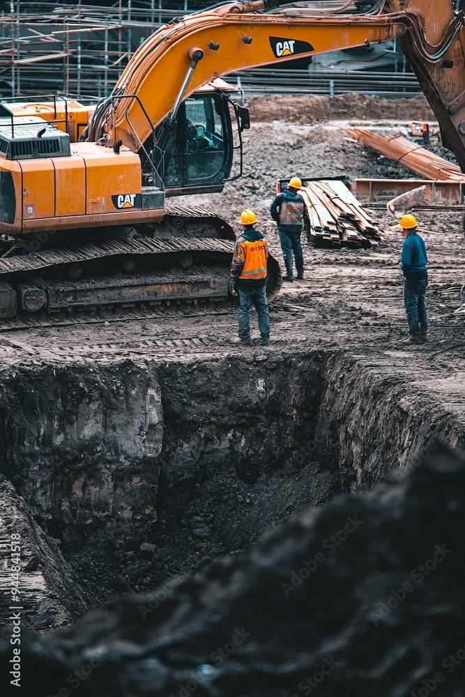 Excavator digging deep into the earth on a busy construction site. Workers in hard hats stand by Excavator digging deep into the earth on a busy construction site. Workers in hard hats stand by
