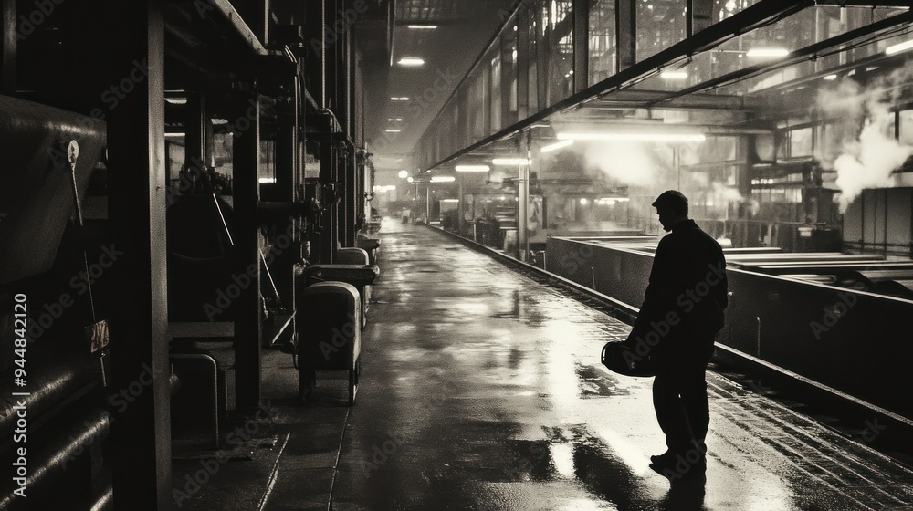 Silhouetted Figure Walking Through Industrial Corridor