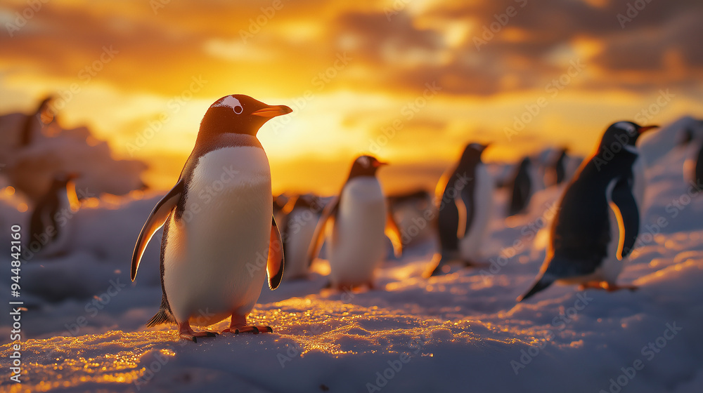 Obraz premium Penguins from the Side in a Wide-Angle View at Golden Hour, Highlighting Detailed Feathers and Natural Habitat 